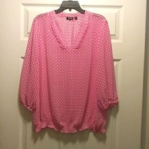 ANA Women's Pink & White Print Blouse Elastic Waist & Cuffs 3/4 Slv sz 1X NWOT